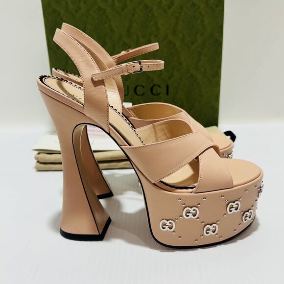 Gucci Janaya Pink Interlocking G Studs 39.5/ US 9.5 Heels Platform Sandals NIB - Picture 8 of 15
